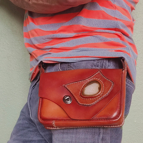 Handcrafted Vegetal Leather Multifunctional Brown Belt Bag with Natural Agate Stone Design – Gift -Versatile Fanny Pack