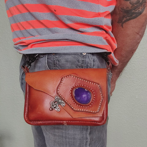 Handcrafted Vegetal Leather Multifunctional Brown Belt Bag with Natural Agate Stone Design – Gift -Versatile Fanny Pack