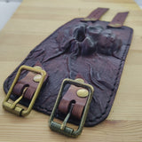 Handcrafted Genuine Dark Brown Vegetal Leather Embossed Skull Design Cuff - Unisex Gift Skull Leather Wristband-Bracelet