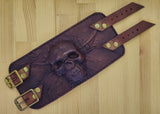 Handcrafted Genuine Dark Brown Vegetal Leather Embossed Skull Design Cuff - Unisex Gift Skull Leather Wristband-Bracelet