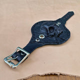 Made To Order-Small Handcrafted Genuine Black Vegetal Leather Embossed Skull Design Cuff, Cool Gift Skull Leather Bracelet-Biker's Wristband