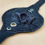 Made To Order-Small Handcrafted Genuine Black Vegetal Leather Embossed Skull Design Cuff, Cool Gift Skull Leather Bracelet-Biker's Wristband