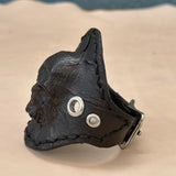 Made To Order-Small Handcrafted Genuine Black Vegetal Leather Embossed Skull Design Cuff, Cool Gift Skull Leather Bracelet-Biker's Wristband