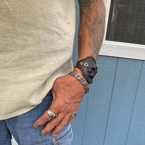 Made To Order-Small Handcrafted Genuine Black Vegetal Leather Embossed Skull Design Cuff, Cool Gift Skull Leather Bracelet-Biker's Wristband