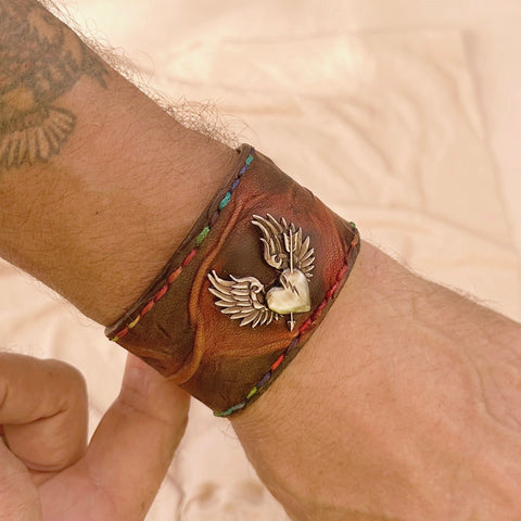 MADE TO ORDER-Handcrafted Rustic Brown Color Genuine Leather with Broken Heart Concho Bracelet-Adjustable Unisex Gift Studded Cuff Wristband