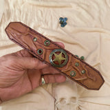 Unique Handcrafted Genuine Tan Leather Texas Star Concho-Adjustable Gift Cuff With Eyelets Wristband Brown