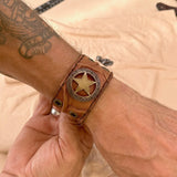 Unique Handcrafted Genuine Tan Leather Texas Star Concho-Adjustable Gift Cuff With Eyelets Wristband Brown