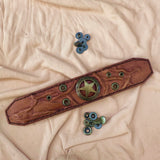Unique Handcrafted Genuine Tan Leather Texas Star Concho-Adjustable Gift Cuff With Eyelets Wristband Brown