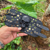Made To Order-Handcrafted Big Black Genuine Leather Embossed Skull Design Cuff, Cool Unique Gift Brass Eyelet Bracelet-Biker's Wristband