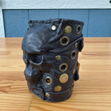 Made To Order-Handcrafted Big Black Genuine Leather Embossed Skull Design Cuff, Cool Unique Gift Brass Eyelet Bracelet-Biker's Wristband