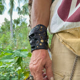 Made To Order-Handcrafted Big Black Genuine Leather Embossed Skull Design Cuff, Cool Unique Gift Brass Eyelet Bracelet-Biker's Wristband