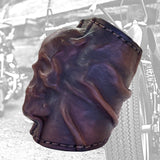 Unique Handcrafted Genuine Vegetal Leather Dark Brown Skull Design Cuff , Unisex Gift Embossed Skull Leather Bracelet