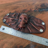 Unique Handcrafted Genuine Vegetal Leather Dark Brown Skull Design Cuff , Unisex Gift Embossed Skull Leather Bracelet