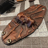 Unique Handcrafted Genuine Vegetal Leather Dark Brown Skull Design Cuff , Unisex Gift Embossed Skull Leather Bracelet