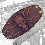 Unique Handcrafted Genuine Vegetal Leather Dark Brown Skull Design Cuff , Unisex Gift Embossed Skull Leather Bracelet
