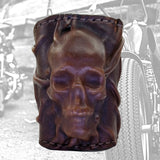 Unique Handcrafted Genuine Vegetal Leather Dark Brown Skull Design Cuff , Unisex Gift Embossed Skull Leather Bracelet