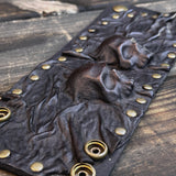 Made To Order-Handcrafted Black Color Genuine Leather Bracelet Embossed Double Skull Design Band with Brass Accessories Gift Biker's Cuff