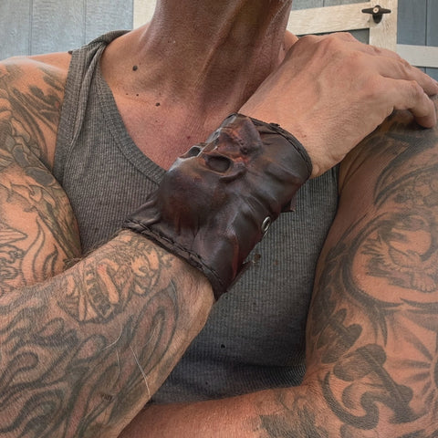 Made To Order-Handcrafted Rustic Brown Color Genuine Leather Bracelet with Embossed Skull Design Unisex Gift  Biker's Cuff, Burning Band
