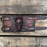 Made To Order-Handcrafted Rustic Brown Color Genuine Leather Bracelet with Embossed Skull Design Unisex Gift  Biker's Cuff, Burning Band