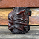 Made To Order-Handcrafted Rustic Brown Color Genuine Leather Bracelet with Embossed Skull Design Unisex Gift  Biker's Cuff, Burning Band