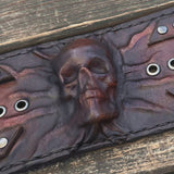 Made To Order-Handcrafted Rustic Brown Color Genuine Leather Bracelet with Embossed Skull Design Unisex Gift  Biker's Cuff, Burning Band