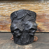 Made To Order-Handcrafted Black Color Genuine Leather Bracelet with Adjustable Brass İnsert Embossed Two Skull Design Unisex Gift  Biker's