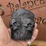 Made To Order-Handcrafted Black Color Genuine Leather Bracelet with Adjustable Brass İnsert Embossed Two Skull Design Unisex Gift  Biker's