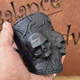 Made To Order-Handcrafted Black Color Genuine Leather Bracelet with Adjustable Brass İnsert Embossed Two Skull Design Unisex Gift  Biker's