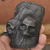 Made To Order-Handcrafted Black Color Genuine Leather Bracelet with Adjustable Brass İnsert Embossed Two Skull Design Unisex Gift  Biker's