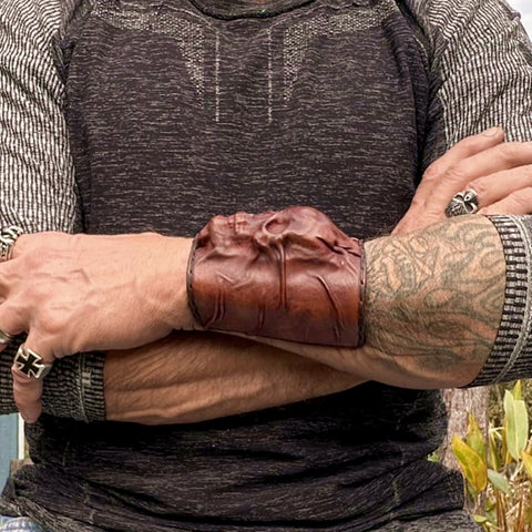 Made To Order-Handcrafted Brown Color Genuine Leather Bracelet with Adjustable Brass İnsert Embossed Skull Design Unisex Gift  Biker's