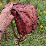 Handcrafted Genuine Vegetal Leather Brown Drop Leg Bag–Backpack with Embossed Longhorn Design–Gift Lifestyle Hip Rider Bag