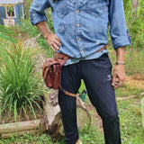 Handcrafted Genuine Vegetal Leather Brown Drop Leg Bag–Backpack with Embossed Longhorn Design–Gift Lifestyle Hip Rider Bag