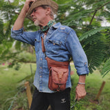 Handcrafted Genuine Vegetal Leather Brown Drop Leg Bag–Backpack with Embossed Longhorn Design–Gift Lifestyle Hip Rider Bag