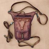 Handcrafted Genuine Vegetal Leather Brown Drop Leg Bag–Backpack with Embossed Longhorn Design–Gift Lifestyle Hip Rider Bag
