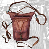 Handcrafted Genuine Vegetal Leather Brown Drop Leg Bag–Backpack with Embossed Longhorn Design–Gift Lifestyle Hip Rider Bag