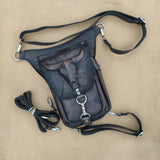 Handcrafted Genuine Vegetal Black Leather Black Drop Leg Bag–Backpack with Embossed Longhorn Design–Gift Lifestyle Hip Rider Bag