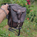 Handcrafted Genuine Vegetal Black Leather Black Drop Leg Bag–Backpack with Embossed Longhorn Design–Gift Lifestyle Hip Rider Bag