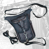 Handcrafted Genuine Vegetal Black Leather Black Drop Leg Bag–Backpack with Embossed Longhorn Design–Gift Lifestyle Hip Rider Bag