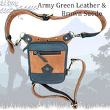 Small Army Green Genuine Leather and Brown Suede Drop leg Bag with Adjustable Strap, Unisex Fanny Pack Bag, Leather Fanny Bag Gift