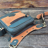 Small Army Green Genuine Leather and Brown Suede Drop leg Bag with Adjustable Strap, Unisex Fanny Pack Bag, Leather Fanny Bag Gift