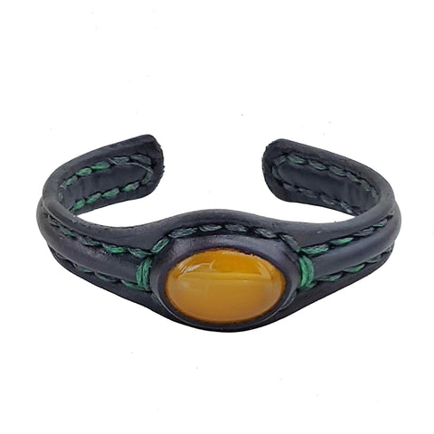 Handcrafted Black Color Vegetal Leather Bracelet with Yellow Agate Stone Setting-Gift Fashion Jewelry Cuff-Adjustable Wristband