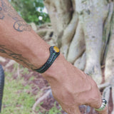 Handcrafted Black Color Vegetal Leather Bracelet with Yellow Agate Stone Setting-Gift Fashion Jewelry Cuff-Adjustable Wristband