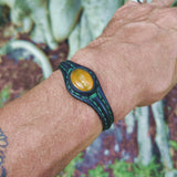 Handcrafted Black Color Vegetal Leather Bracelet with Yellow Agate Stone Setting-Gift Fashion Jewelry Cuff-Adjustable Wristband