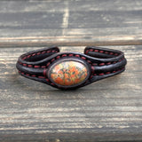 Handcrafted Genuine Dark Brown Leather Bracelet with Flower Green Stone Setting-Life Style Unisex Gift Fashion Jewelry Bangle Cuff Wristband