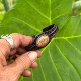 Handcrafted Genuine Dark Brown Leather Bracelet with Flower Green Stone Setting-Life Style Unisex Gift Fashion Jewelry Bangle Cuff Wristband