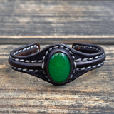 Boho Handcrafted Genuine Vegetal Black Leather Bracelet with Green Agate Stone-Unisex Gift Fashion Jewelry Cuff