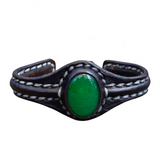 Boho Handcrafted Genuine Vegetal Black Leather Bracelet with Green Agate Stone-Unisex Gift Fashion Jewelry Cuff