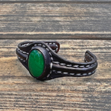 Boho Handcrafted Genuine Vegetal Black Leather Bracelet with Green Agate Stone-Unisex Gift Fashion Jewelry Cuff