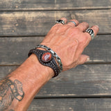 Boho Handcrafted Genuine Vegetal Black Leather Bracelet with Red Agate Stone-Unisex Gift Fashion Jewelry Cuff
