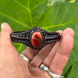 Boho Handcrafted Genuine Vegetal Black Leather Bracelet with Red Agate Stone-Unisex Gift Fashion Jewelry Cuff